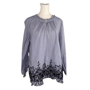 Talbots Plus Size X Blue & White Striped Embroidered Long Sleeve